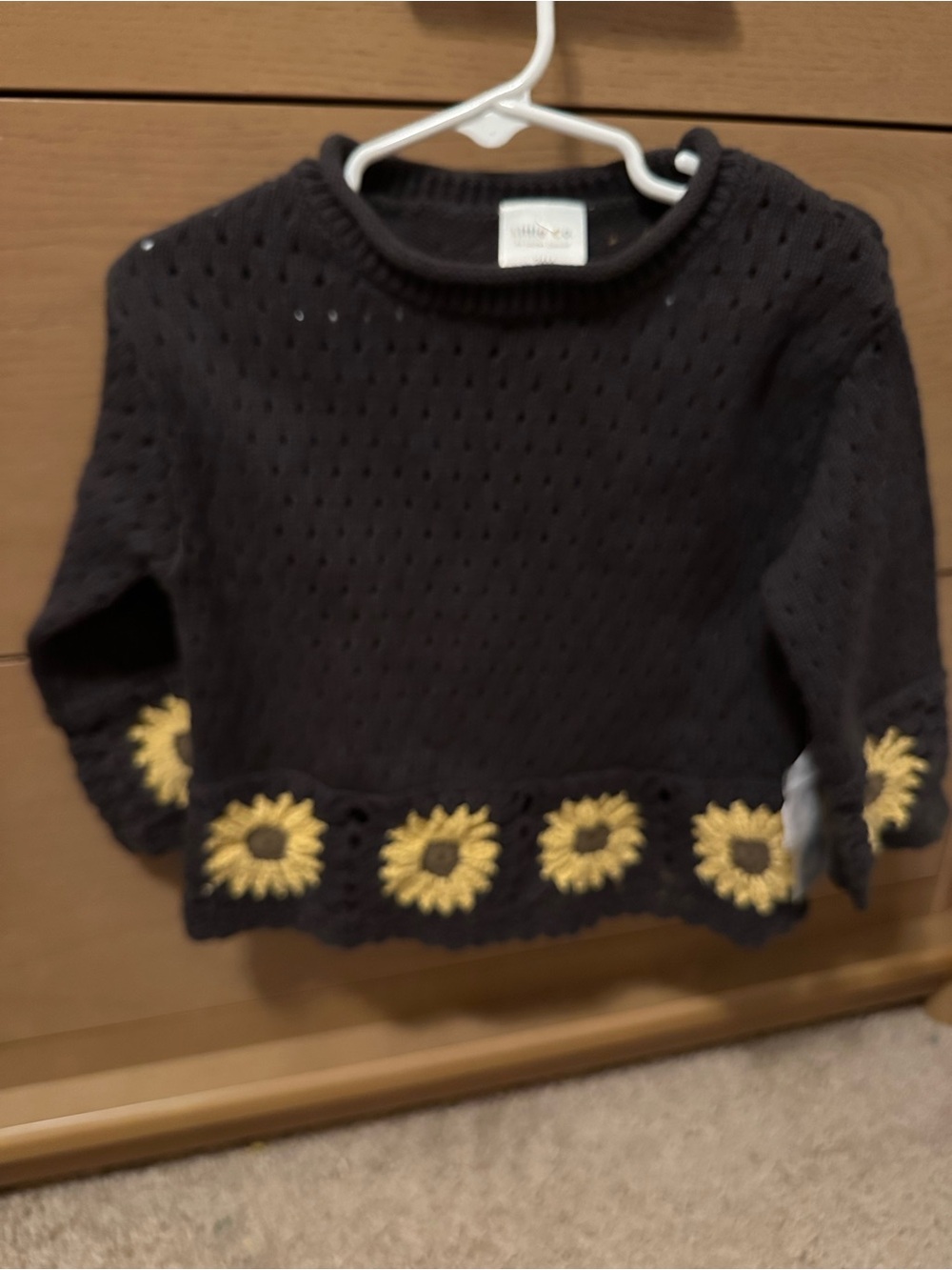Girls Black Knit Top with Yellow Sunflower Trim